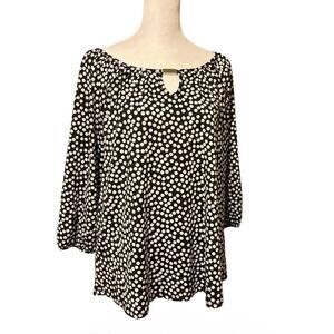 ERIN BLAIR Polka Dot Peasant Top Black White Metal Bar Keyhole Detail Sz L Boho